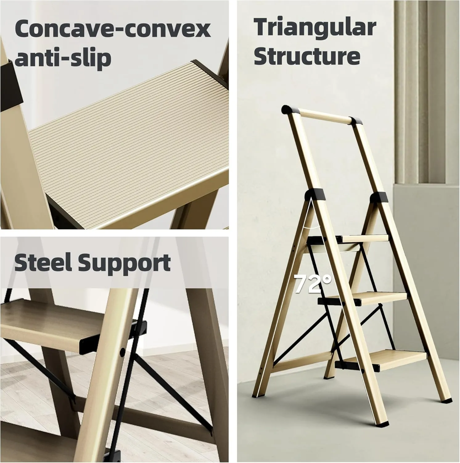 HillhutApex 3 Step Foldable Aluminum Step Ladder with Handgrip, Anti-Slip Pedal, 330 lbs Capacity, Lightweight & Portable for Home, Kitchen, Office, Garage (Gold)