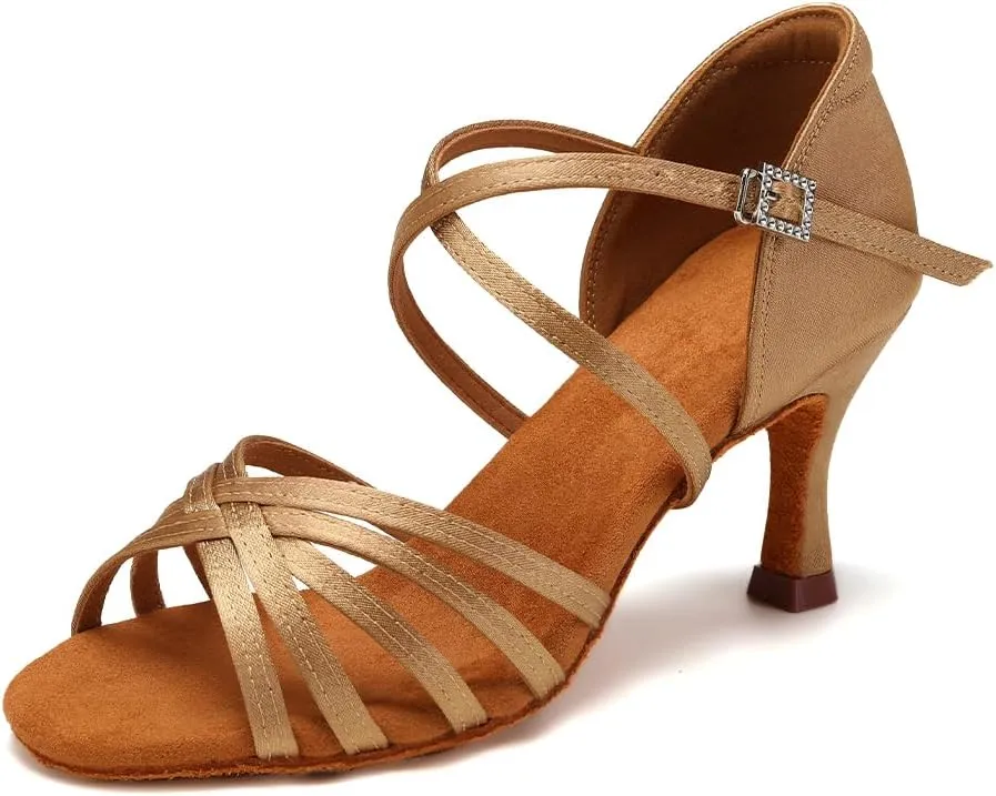 HIPPOSEUS Women's Latin Dance Shoes Satin Ballroom Salsa Dance Practice Shoes with 3inch Heel
