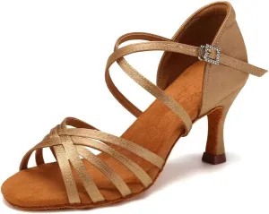 HIPPOSEUS Women's Latin Dance Shoes Satin Ballroom Salsa Dance Practice Shoes with 3inch Heel