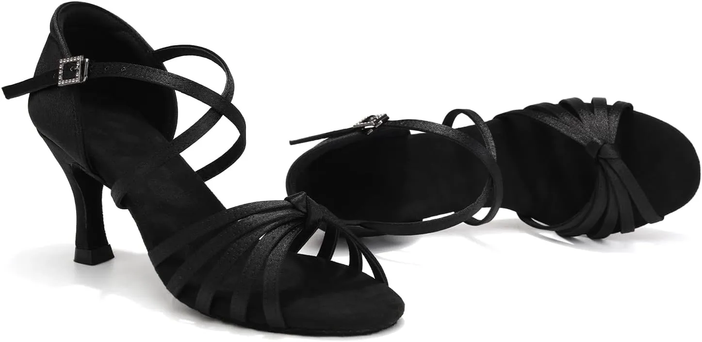 HIPPOSEUS Women's Satin Latin Dance Shoes Professional Ballroom Salsa Practice Performance Dance Shoes with High Heel