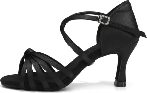 HIPPOSEUS Women's Satin Latin Dance Shoes Professional Ballroom Salsa Practice Performance Dance Shoes with High Heel