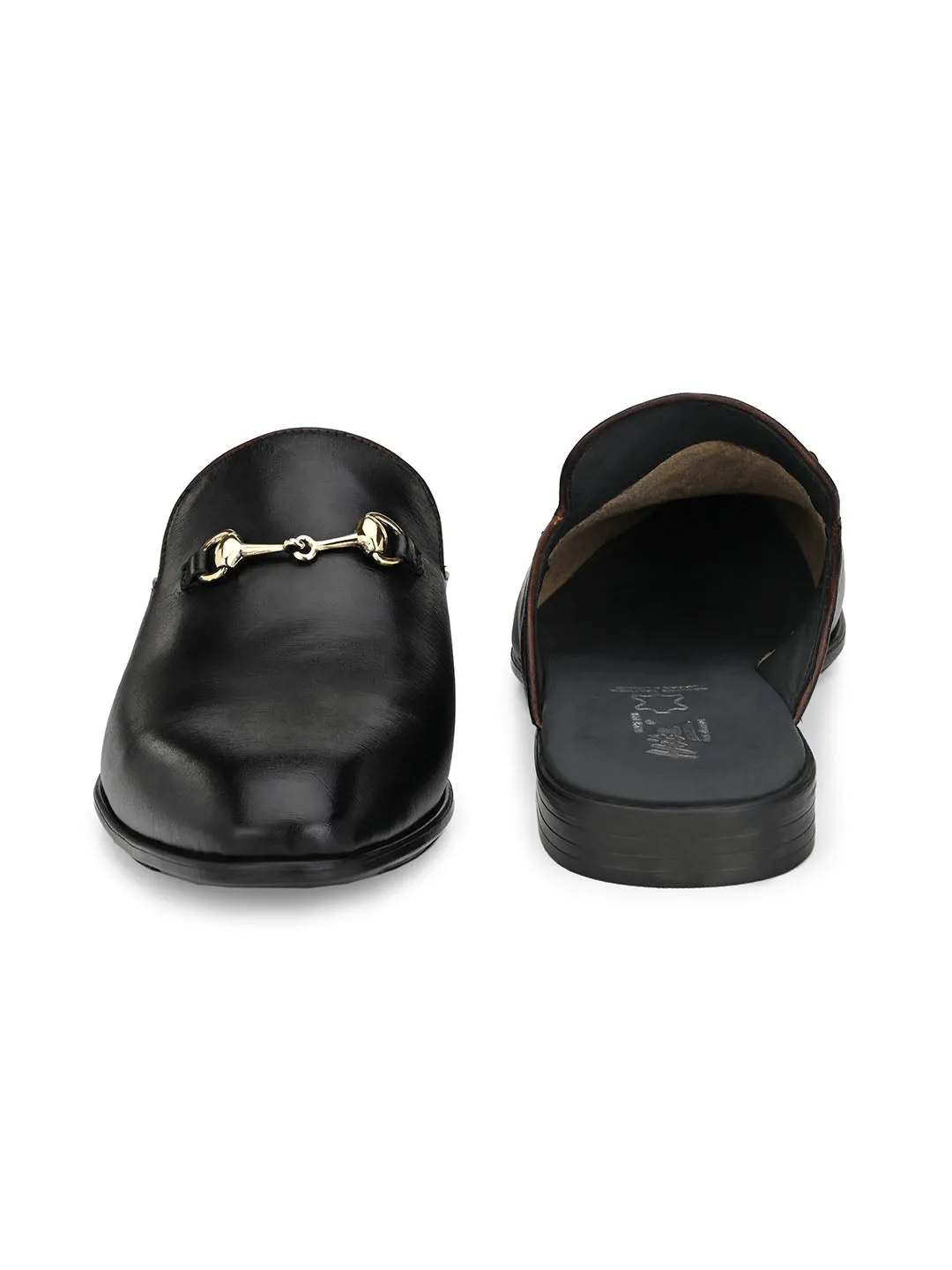 Hitz Men's Black Leather Half Shoes Flat Mule Loafers
