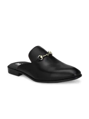 Hitz Men's Black Leather Half Shoes Flat Mule Loafers