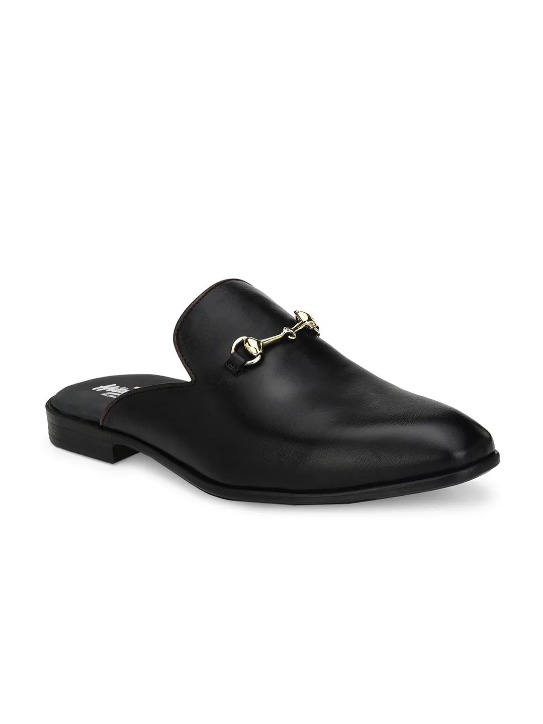 Hitz Men's Black Leather Half Shoes Flat Mule Loafers
