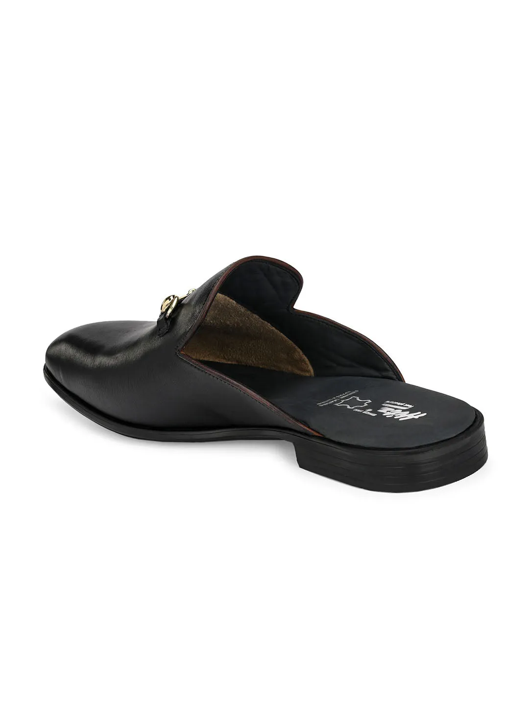 Hitz Men's Black Leather Half Shoes Flat Mule Loafers