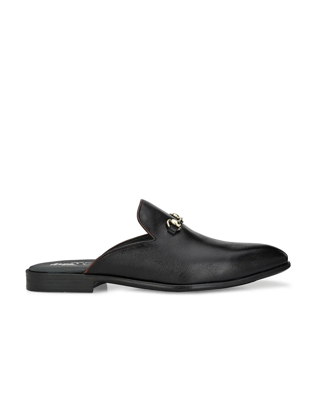 Hitz Men's Black Leather Half Shoes Flat Mule Loafers