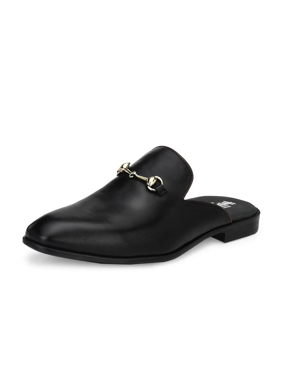 Hitz Men's Black Leather Half Shoes Flat Mule Loafers