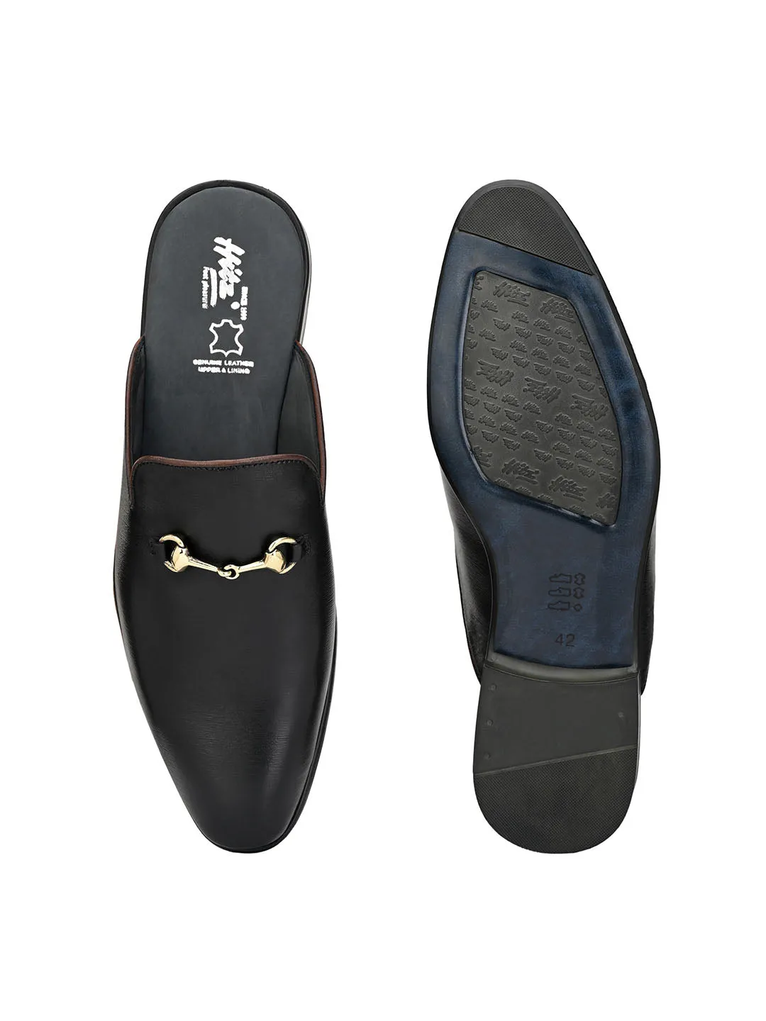 Hitz Men's Black Leather Half Shoes Flat Mule Loafers
