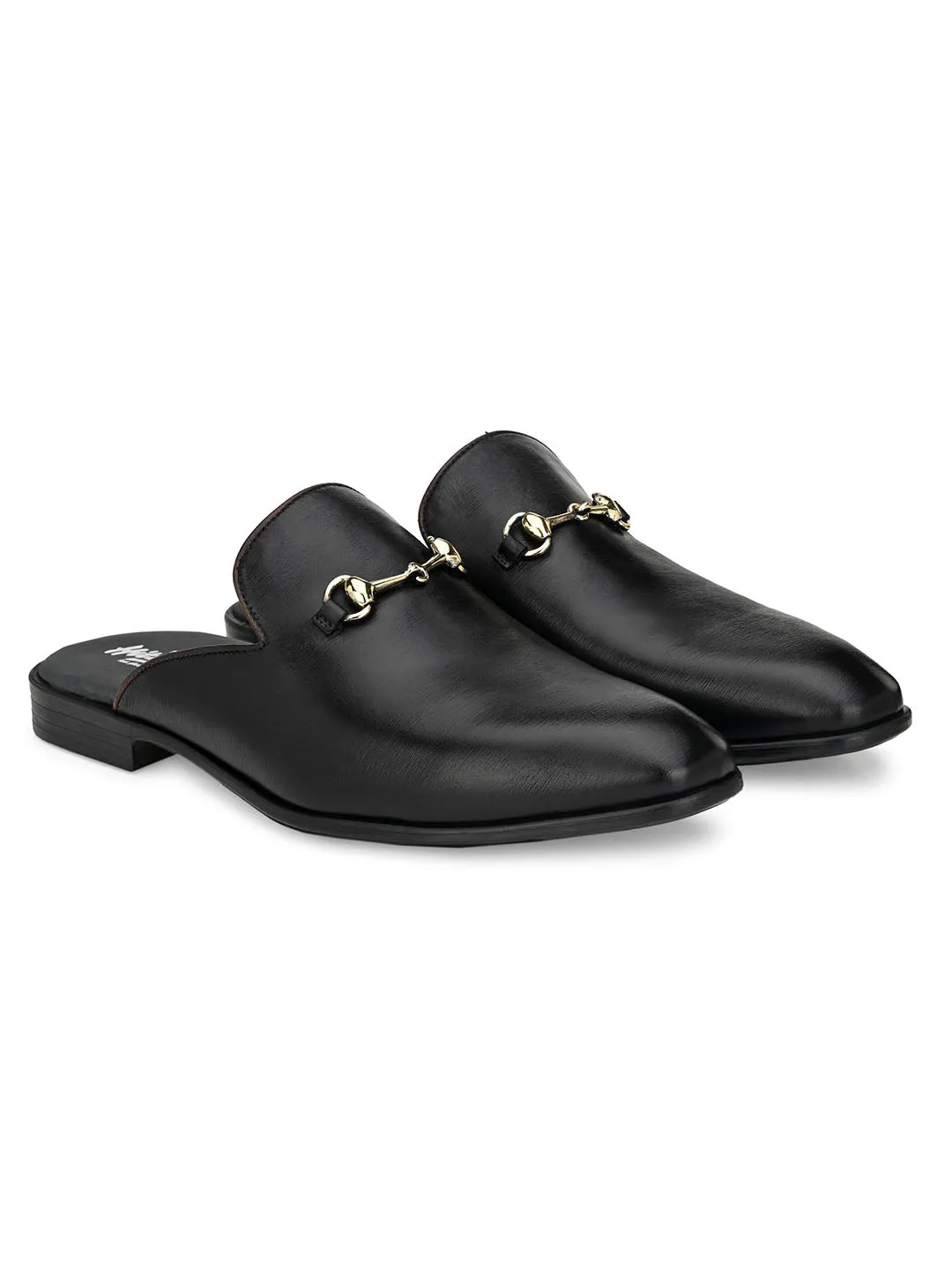 Hitz Men's Black Leather Half Shoes Flat Mule Loafers