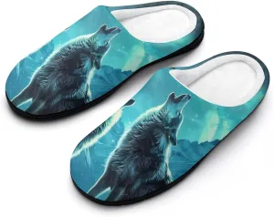 Howling Wolves Moonlight Men's Cotton House Slippers Warm Memory Foam Home Slip Shoes On for Indoor and Outdoor