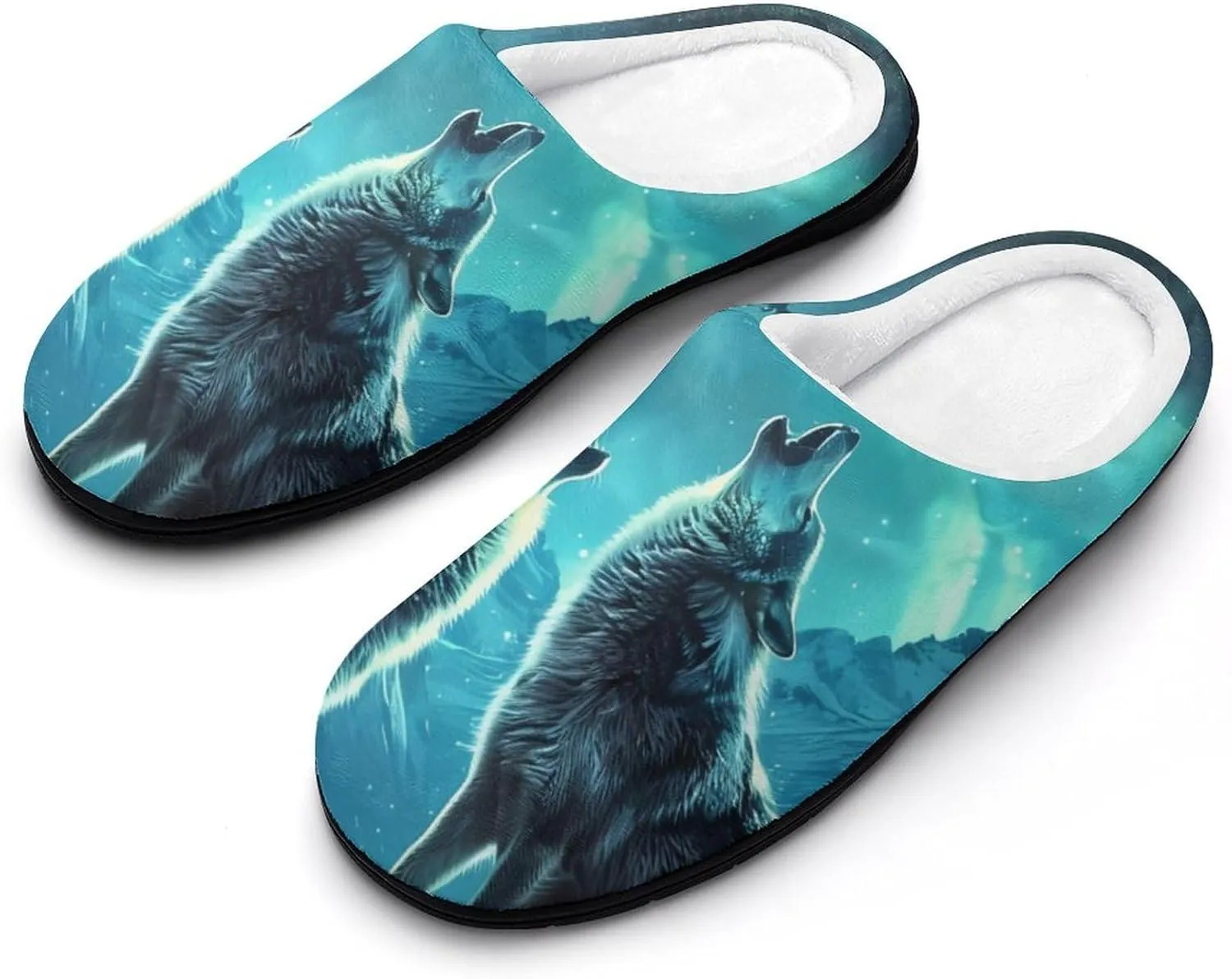 Howling Wolves Moonlight Men's Cotton House Slippers Warm Memory Foam Home Slip Shoes On for Indoor and Outdoor