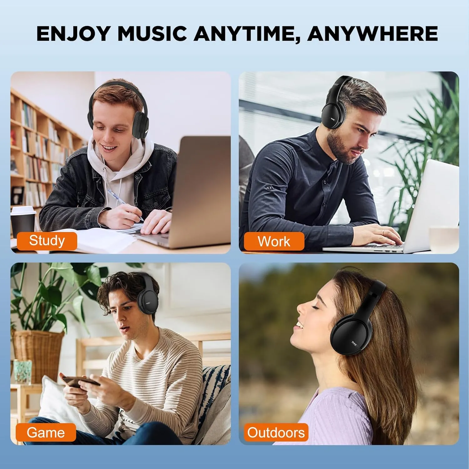 HTC Wireless Bluetooth Headphones with Active Noise Cancellation Bluetooth 5.3 Earphone, Over Ear Headphones with Built-in Mic- 60Hours Playtime, Foldable Stereo Wireless Headset for Call, Travel