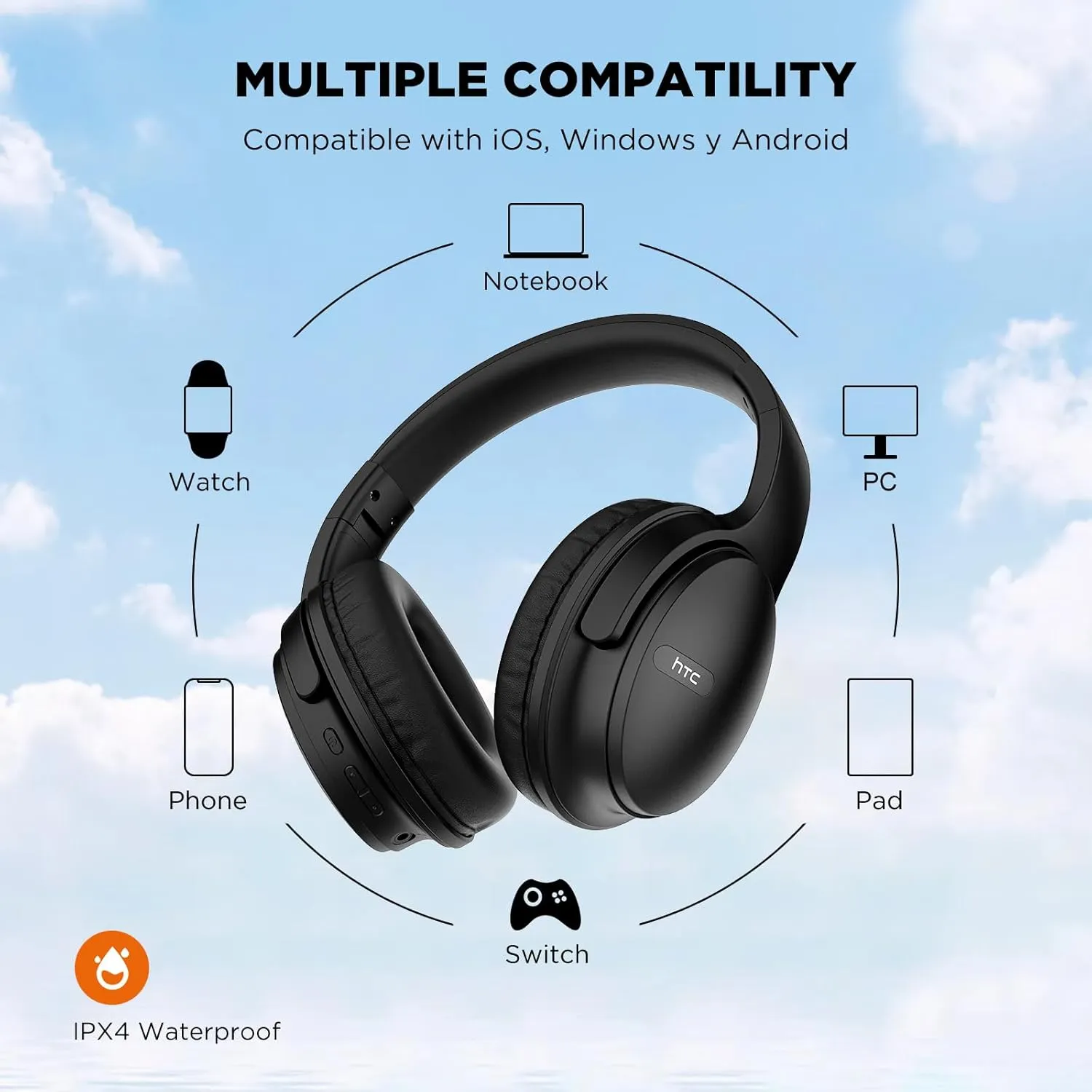 HTC Wireless Bluetooth Headphones with Active Noise Cancellation Bluetooth 5.3 Earphone, Over Ear Headphones with Built-in Mic- 60Hours Playtime, Foldable Stereo Wireless Headset for Call, Travel