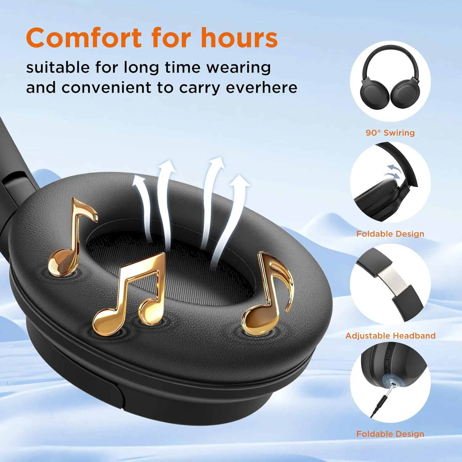 HTC Wireless Bluetooth Headphones with Active Noise Cancellation Bluetooth 5.3 Earphone, Over Ear Headphones with Built-in Mic- 60Hours Playtime, Foldable Stereo Wireless Headset for Call, Travel