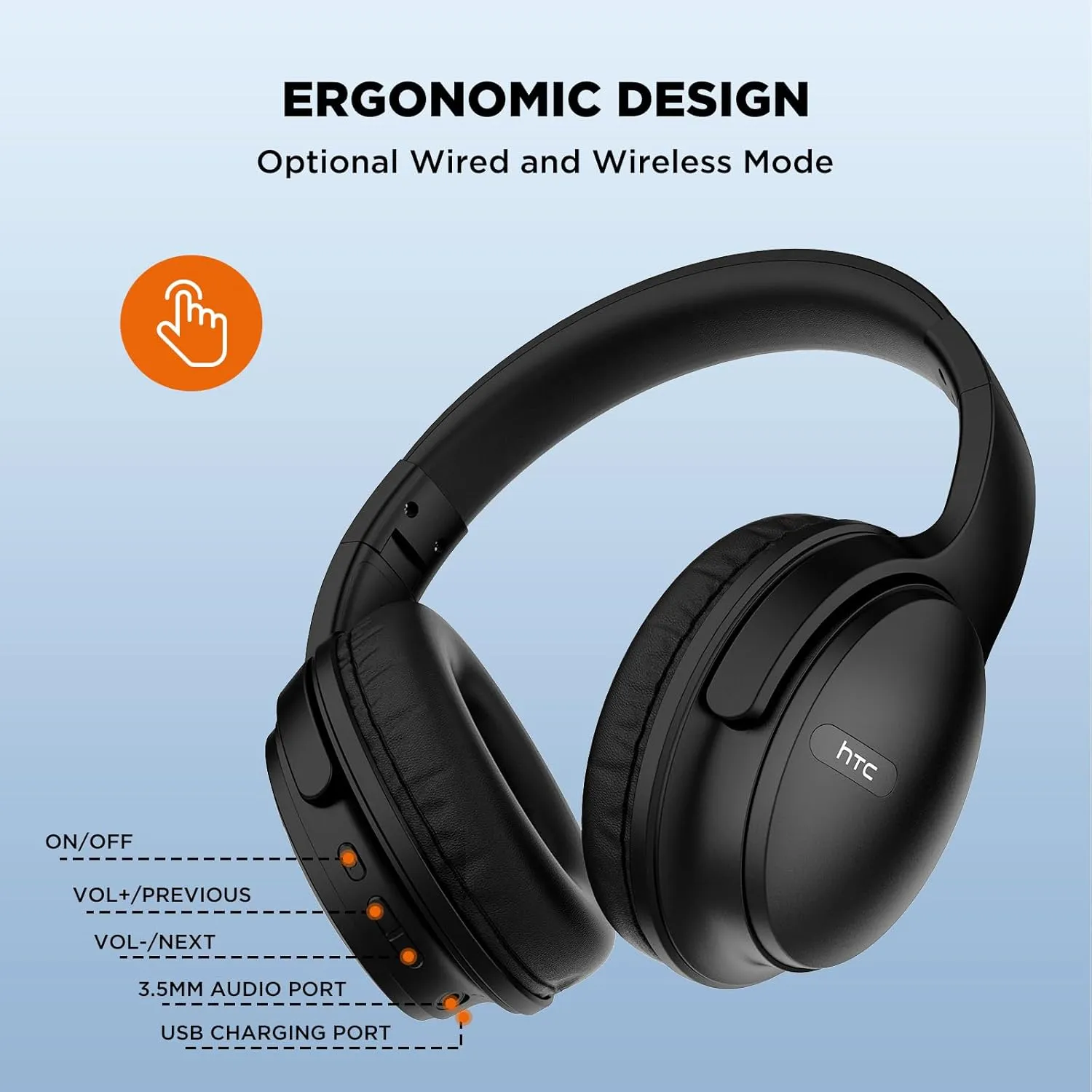 HTC Wireless Bluetooth Headphones with Active Noise Cancellation Bluetooth 5.3 Earphone, Over Ear Headphones with Built-in Mic- 60Hours Playtime, Foldable Stereo Wireless Headset for Call, Travel