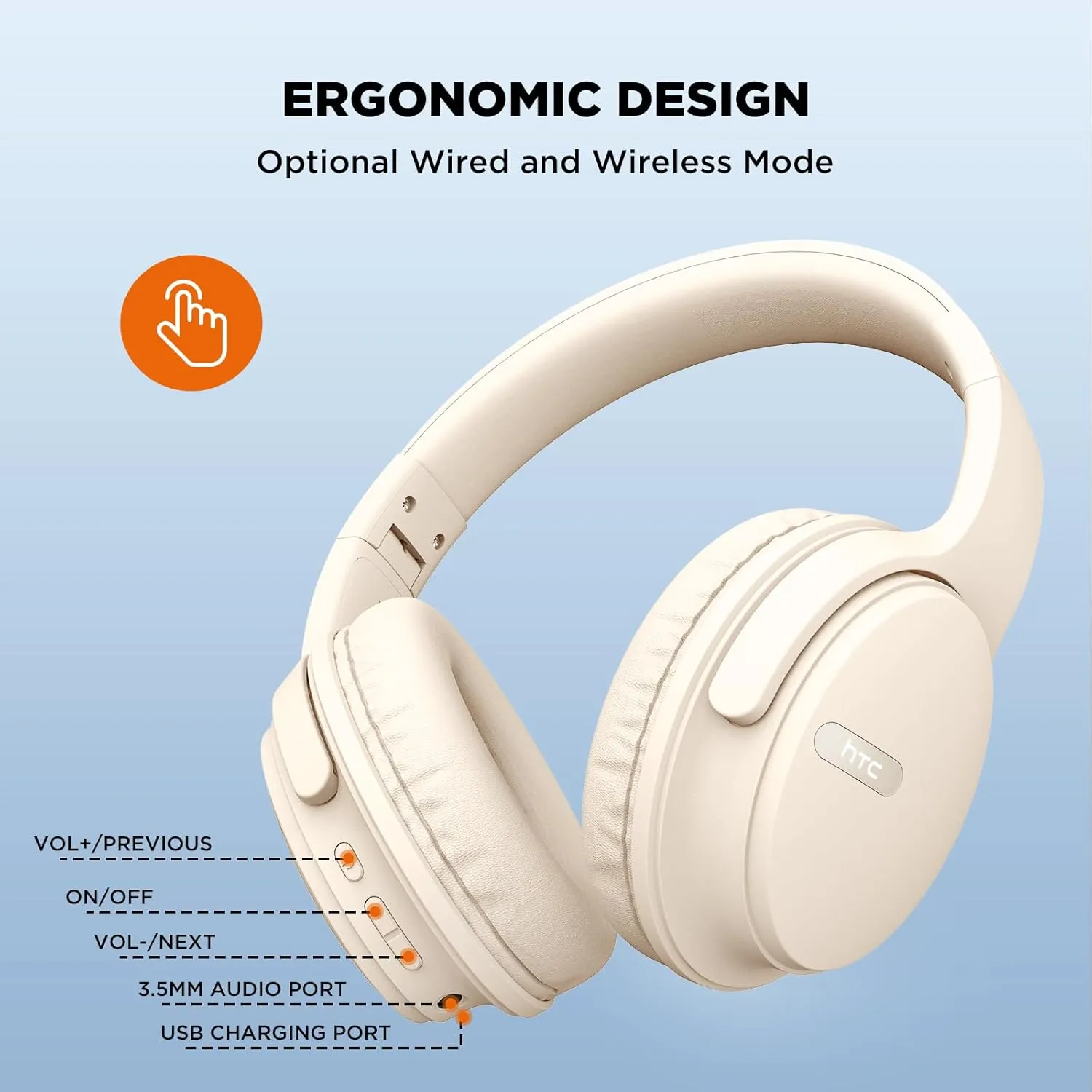 HTC Wireless Headphones Bluetooth 5.3 Earphone, Over Ear Bluetooth Headphones with Built-in Mic - 40Hours Playtime, Foldable Stereo Wireless Headset for Call Noise Cancellation, Travel, Home, Office