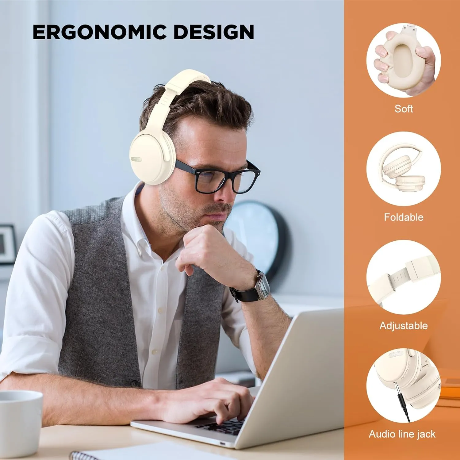 HTC Wireless Headphones Bluetooth 5.3 Earphone, Over Ear Bluetooth Headphones with Built-in Mic - 40Hours Playtime, Foldable Stereo Wireless Headset for Call Noise Cancellation, Travel, Home, Office