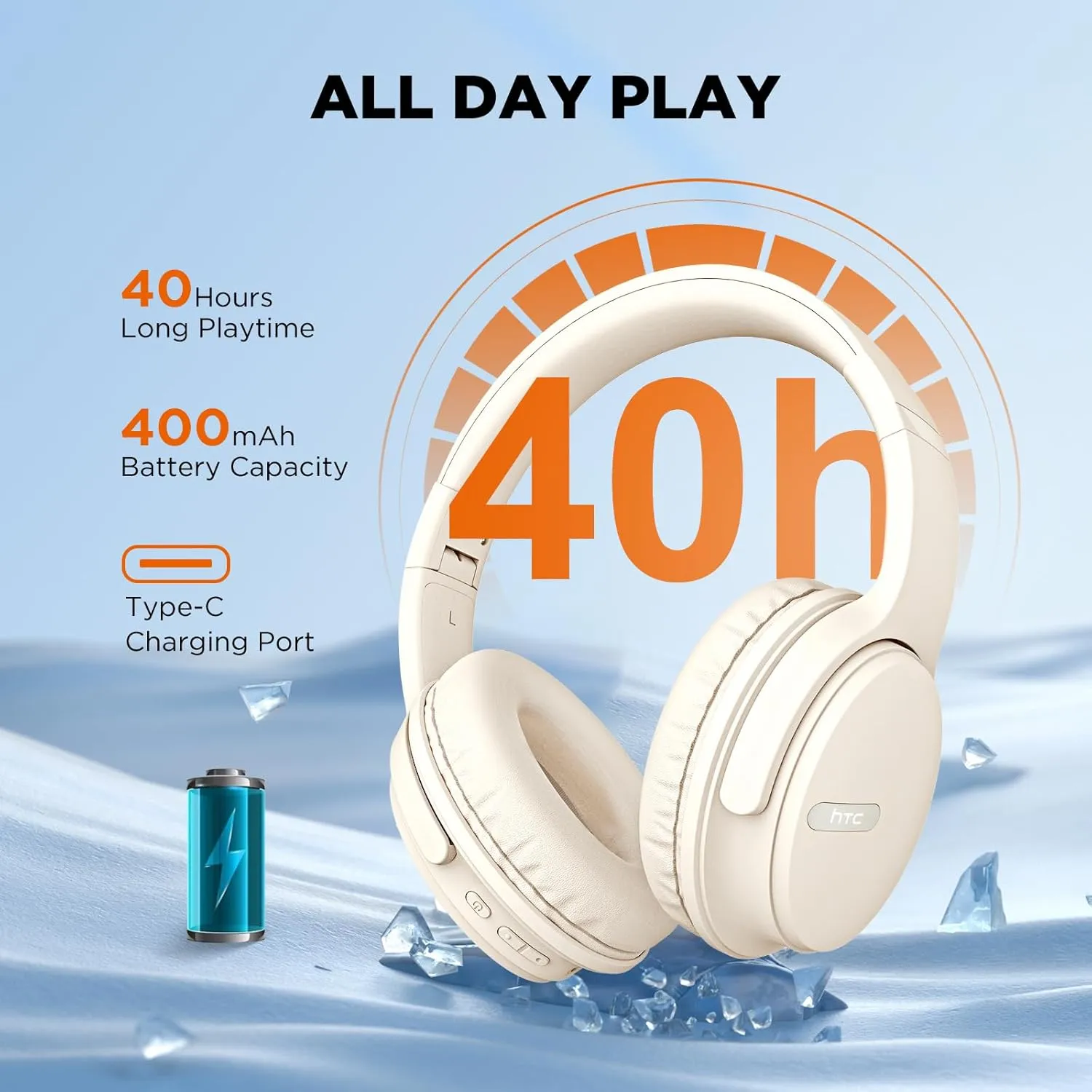 HTC Wireless Headphones Bluetooth 5.3 Earphone, Over Ear Bluetooth Headphones with Built-in Mic - 40Hours Playtime, Foldable Stereo Wireless Headset for Call Noise Cancellation, Travel, Home, Office