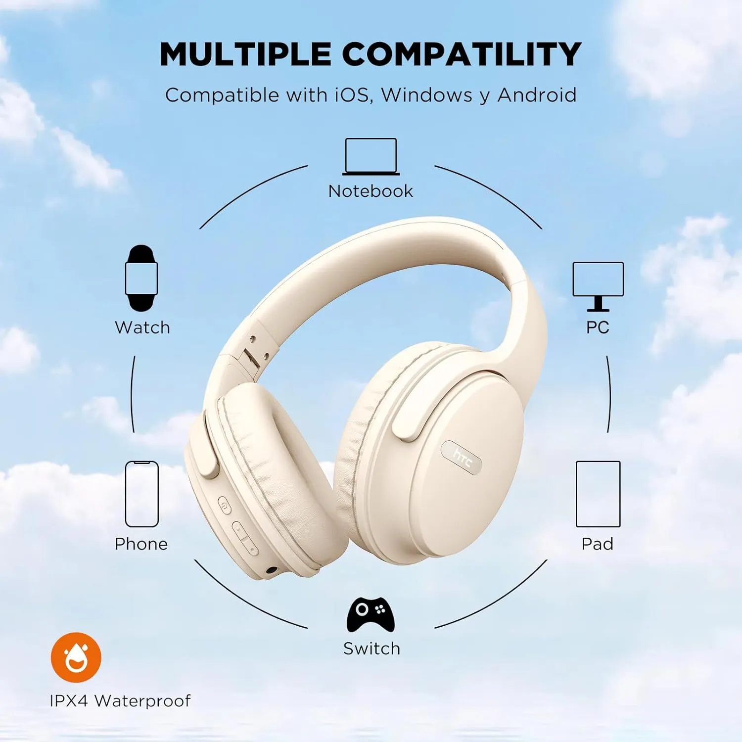 HTC Wireless Headphones Bluetooth 5.3 Earphone, Over Ear Bluetooth Headphones with Built-in Mic - 40Hours Playtime, Foldable Stereo Wireless Headset for Call Noise Cancellation, Travel, Home, Office