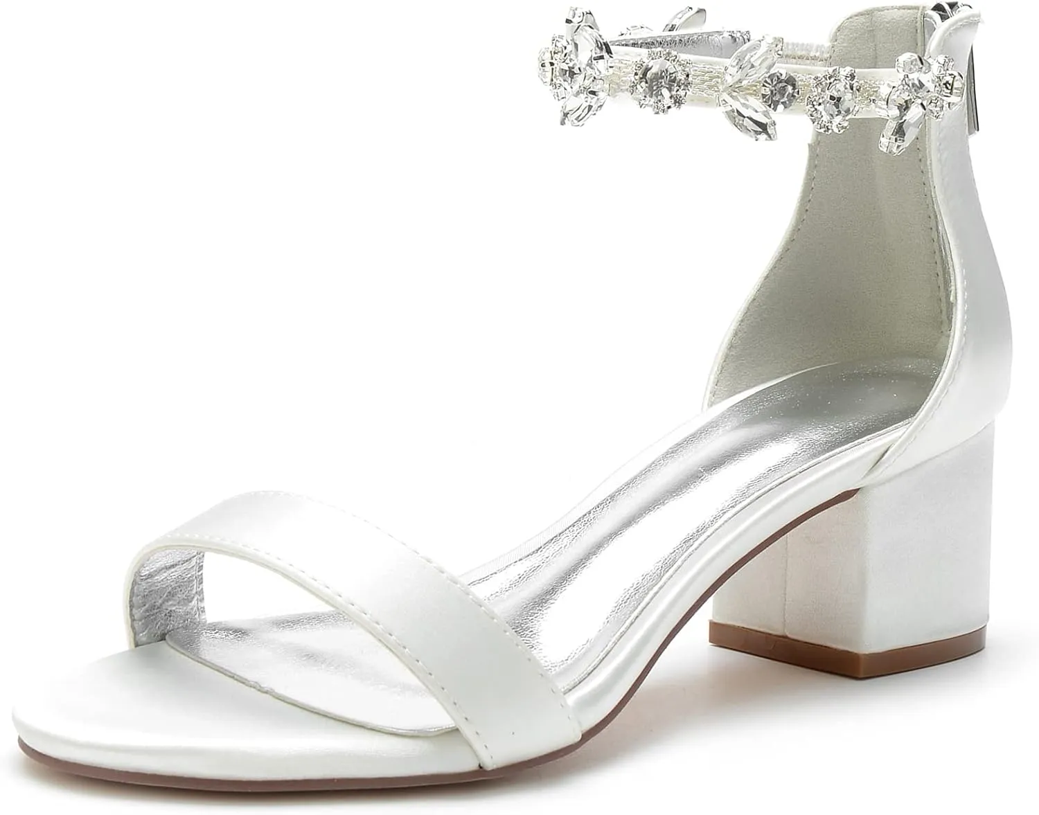 Hyinlays Women's Block Heel Chunky Crystal Sandals Satin Wedding Dress Shoes Low Heel for Bride Evening Prom Party Pumps