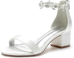 Hyinlays Women's Block Heel Chunky Crystal Sandals Satin Wedding Dress Shoes Low Heel for Bride Evening Prom Party Pumps