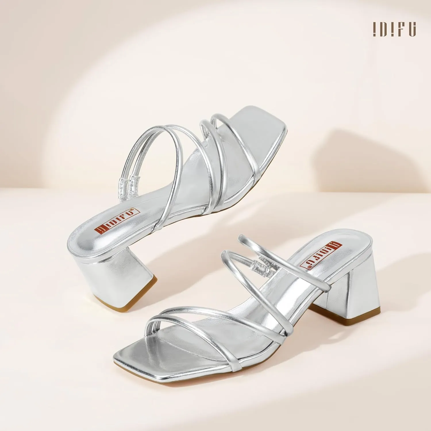 IDIFU IN2 Strappy Heels for Women Square Toe Low Chunky Block Heels Wedding Prom Slip On Dress Shoes for Bride Bridesmaid Comfortable Heeled Slide Sandals Slingback Short Mule Heels