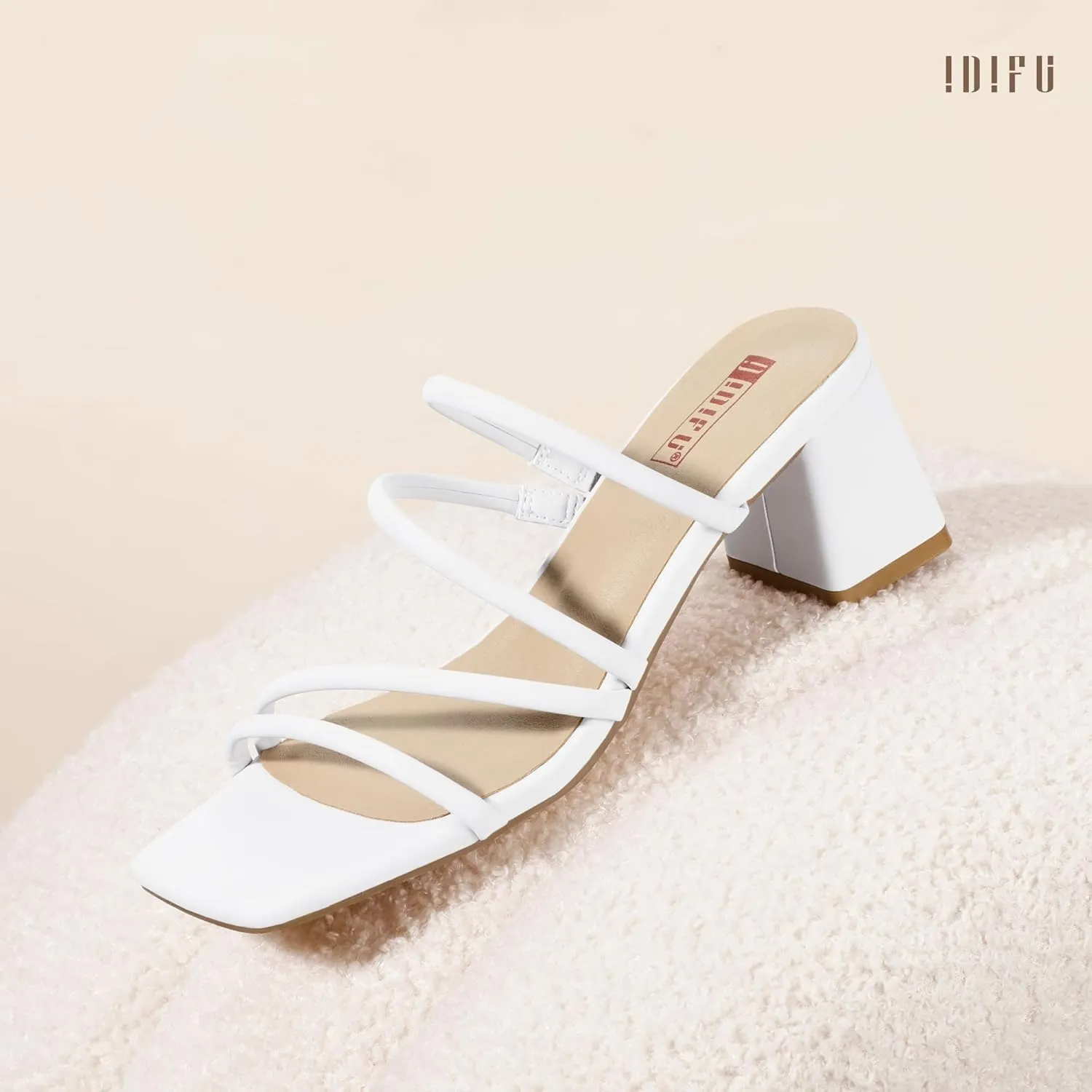 IDIFU IN2 Strappy Heels for Women Square Toe Low Chunky Block Heels Wedding Prom Slip On Dress Shoes for Bride Bridesmaid Comfortable Heeled Slide Sandals Slingback Short Mule Heels