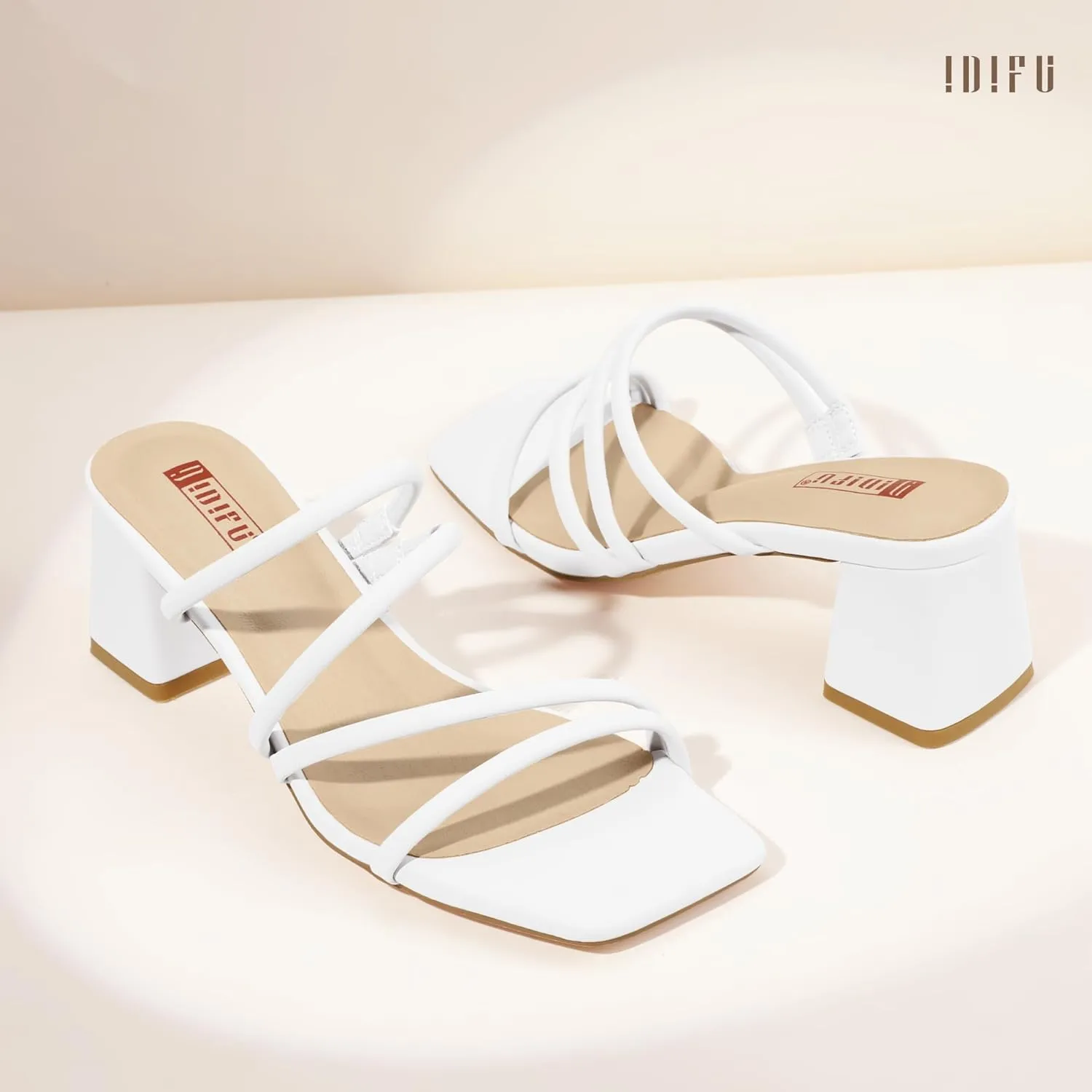 IDIFU IN2 Strappy Heels for Women Square Toe Low Chunky Block Heels Wedding Prom Slip On Dress Shoes for Bride Bridesmaid Comfortable Heeled Slide Sandals Slingback Short Mule Heels