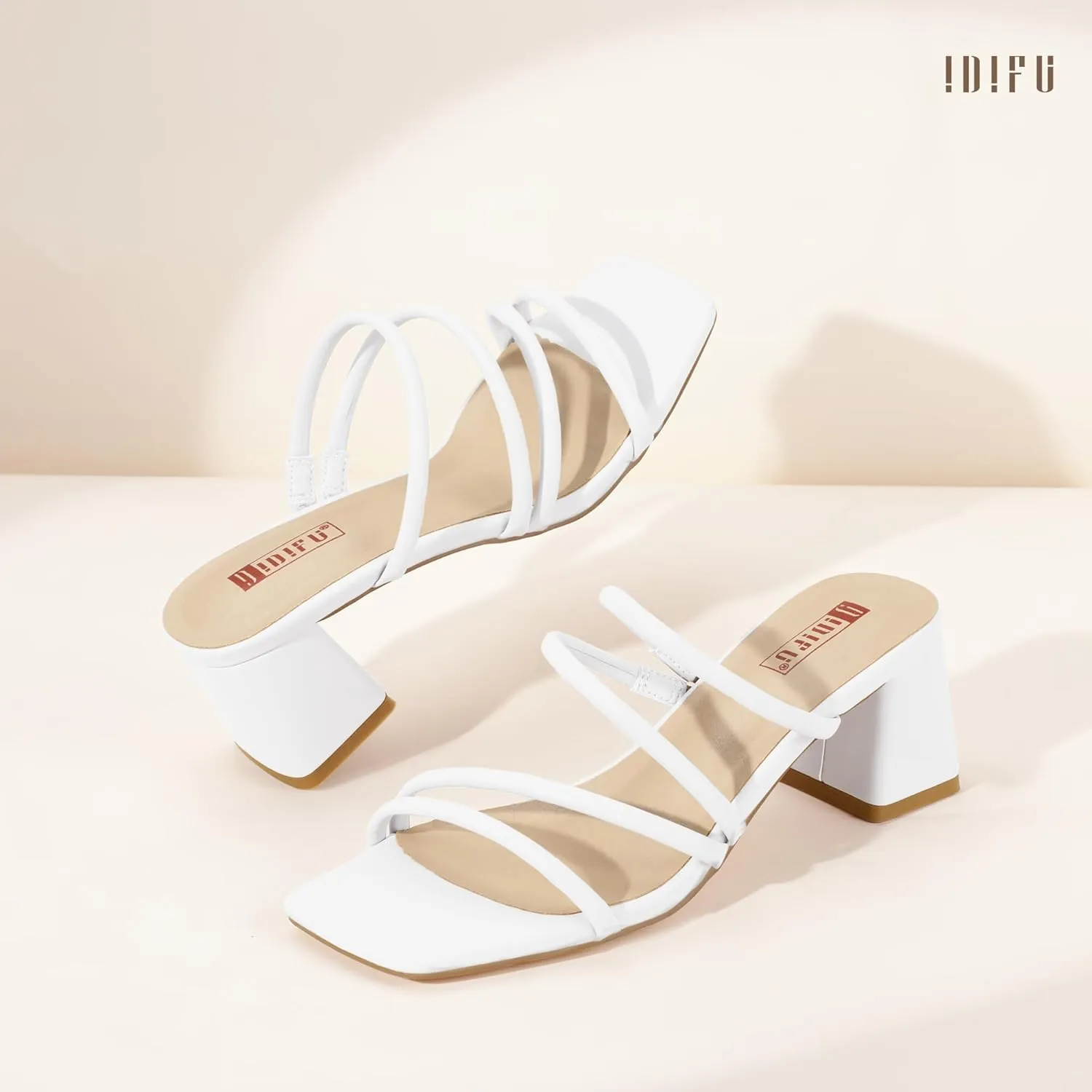 IDIFU IN2 Strappy Heels for Women Square Toe Low Chunky Block Heels Wedding Prom Slip On Dress Shoes for Bride Bridesmaid Comfortable Heeled Slide Sandals Slingback Short Mule Heels