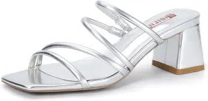 IDIFU IN2 Strappy Heels for Women Square Toe Low Chunky Block Heels Wedding Prom Slip On Dress Shoes for Bride Bridesmaid Comfortable Heeled Slide Sandals Slingback Short Mule Heels