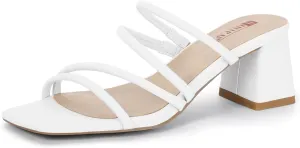IDIFU IN2 Strappy Heels for Women Square Toe Low Chunky Block Heels Wedding Prom Slip On Dress Shoes for Bride Bridesmaid Comfortable Heeled Slide Sandals Slingback Short Mule Heels