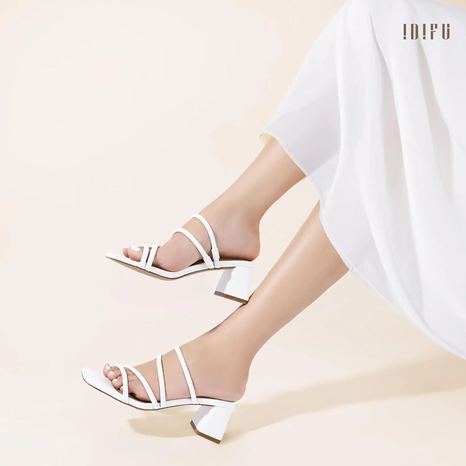 IDIFU IN2 Strappy Heels for Women Square Toe Low Chunky Block Heels Wedding Prom Slip On Dress Shoes for Bride Bridesmaid Comfortable Heeled Slide Sandals Slingback Short Mule Heels