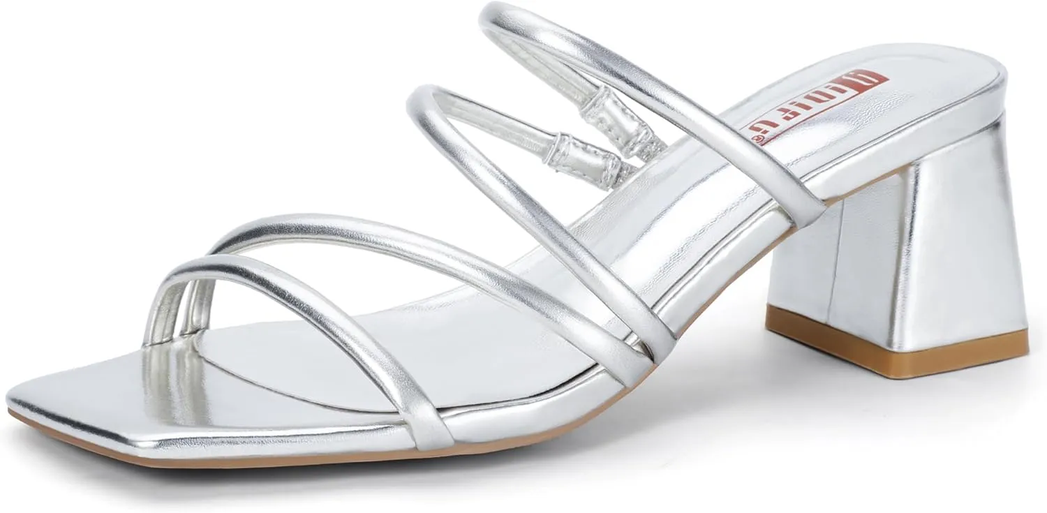 IDIFU IN2 Strappy Heels for Women Square Toe Low Chunky Block Heels Wedding Prom Slip On Dress Shoes for Bride Bridesmaid Comfortable Heeled Slide Sandals Slingback Short Mule Heels
