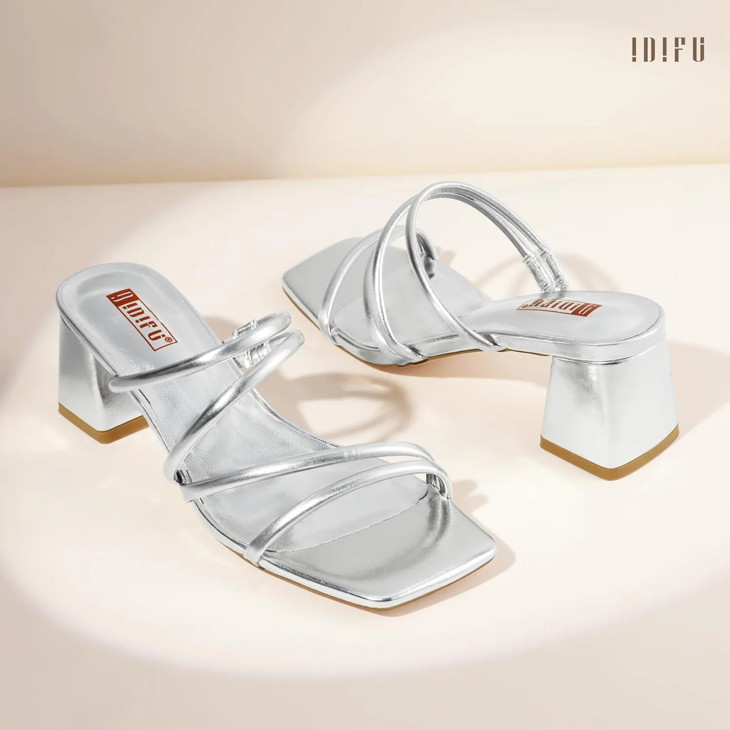 IDIFU IN2 Strappy Heels for Women Square Toe Low Chunky Block Heels Wedding Prom Slip On Dress Shoes for Bride Bridesmaid Comfortable Heeled Slide Sandals Slingback Short Mule Heels