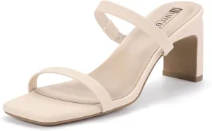 IDIFU IN3 Chunky Heels For Women Low Block Square Open Toe Heels Two Strap Slip On Comfortable Slides Heeled Sandals Sexy Wedding Prom Party Dress Shoes Cute Mule Short Heels