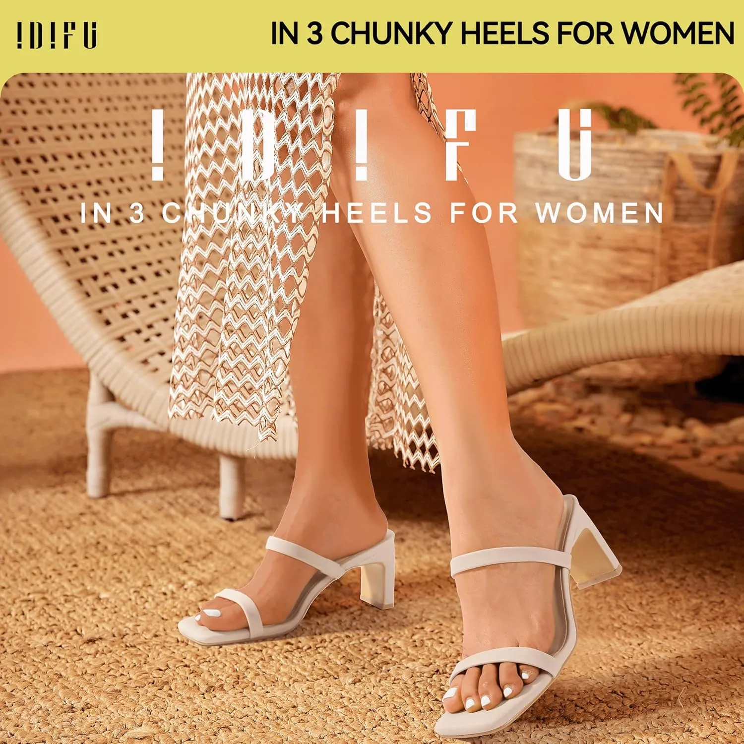 IDIFU IN3 Chunky Heels For Women Low Block Square Open Toe Heels Two Strap Slip On Comfortable Slides Heeled Sandals Sexy Wedding Prom Party Dress Shoes Cute Mule Short Heels