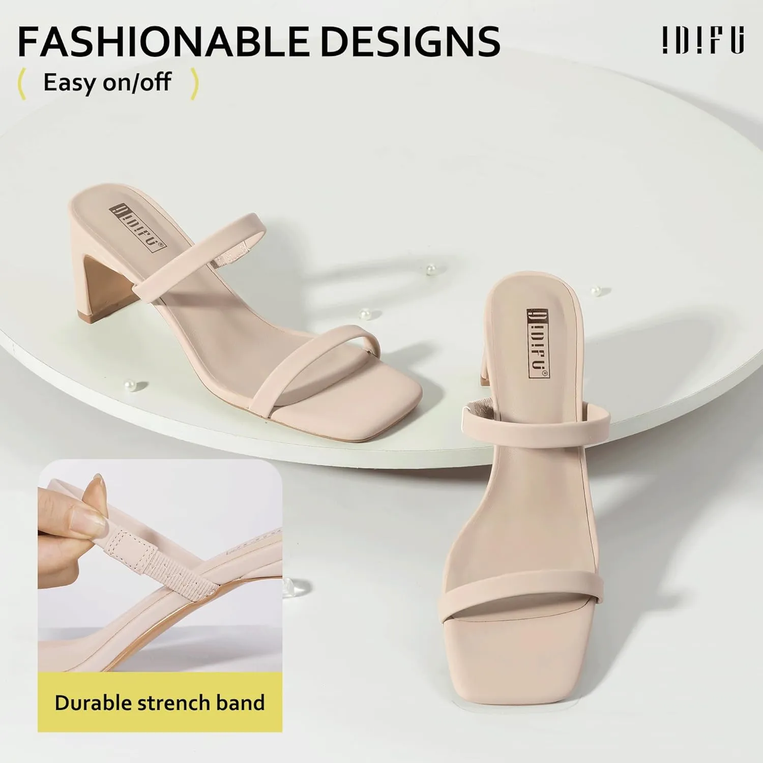 IDIFU IN3 Chunky Heels For Women Low Block Square Open Toe Heels Two Strap Slip On Comfortable Slides Heeled Sandals Sexy Wedding Prom Party Dress Shoes Cute Mule Short Heels