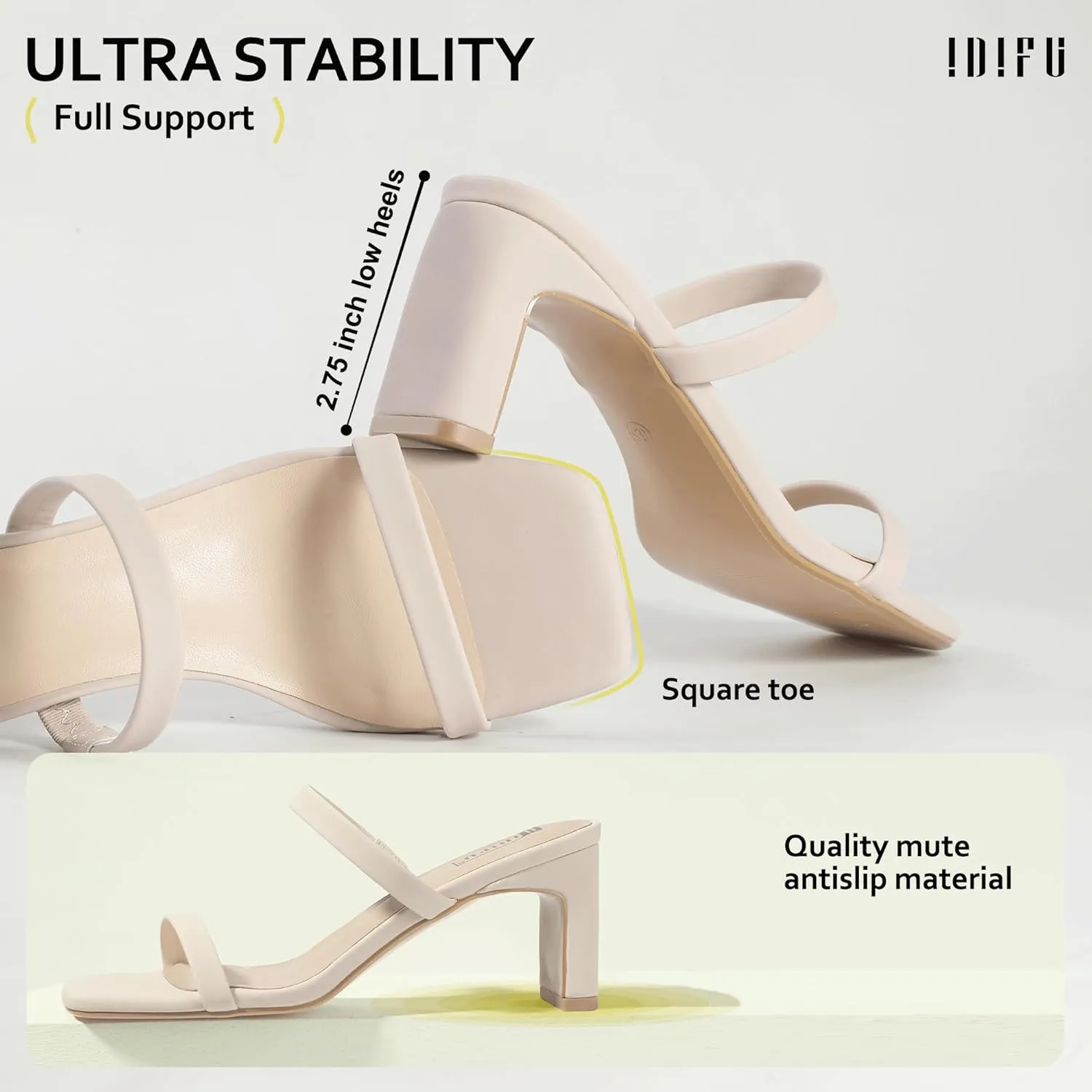 IDIFU IN3 Chunky Heels For Women Low Block Square Open Toe Heels Two Strap Slip On Comfortable Slides Heeled Sandals Sexy Wedding Prom Party Dress Shoes Cute Mule Short Heels