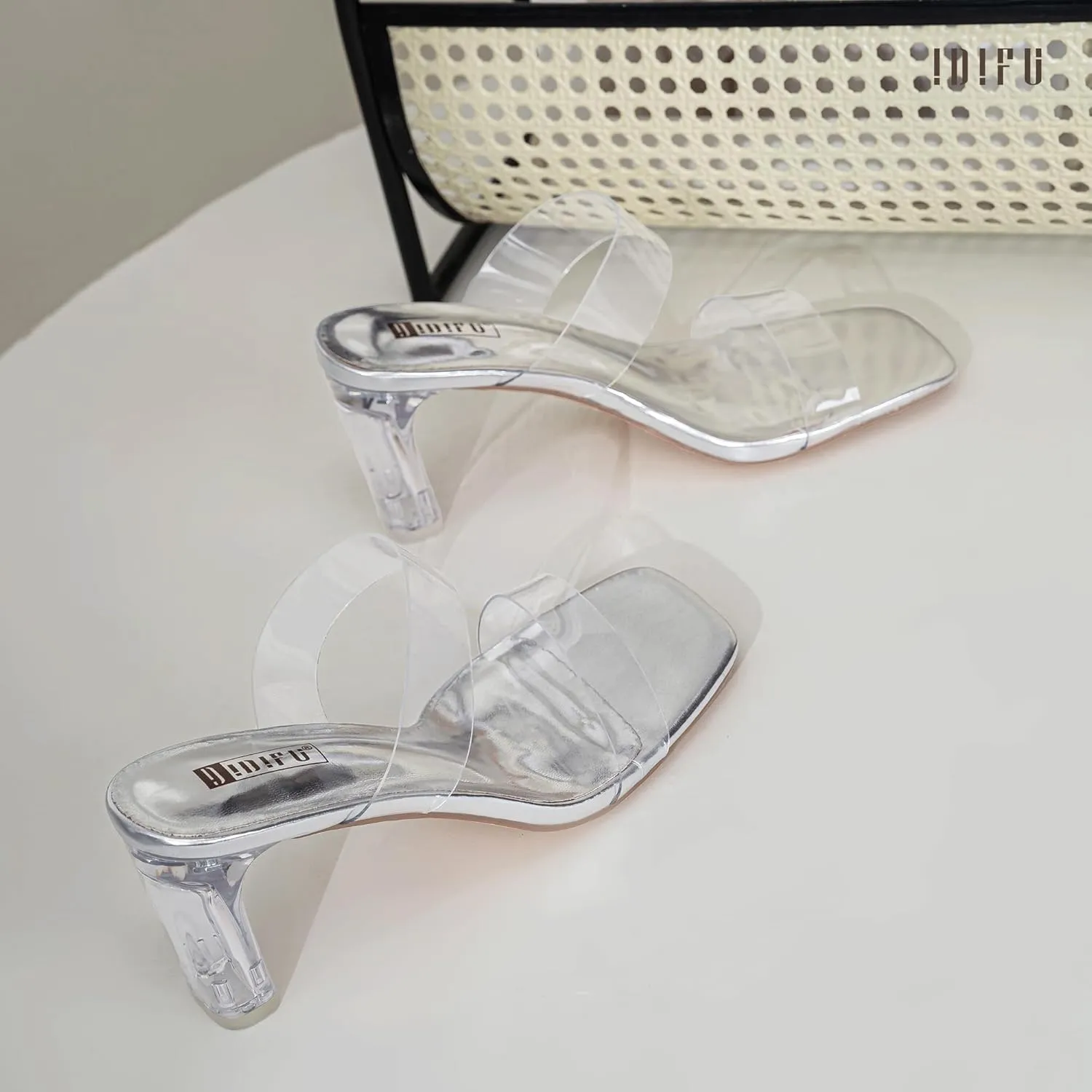 IDIFU IN3 Clear Heels for Women Transparent Two Strap Low Chunky Block Heels Square Open Toe Slides Heeled Sandals Wedding Prom Party Dress Shoes Comfortable Slip On Mule Heels