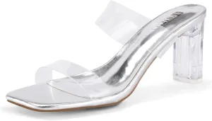 IDIFU IN3 Clear Heels for Women Transparent Two Strap Low Chunky Block Heels Square Open Toe Slides Heeled Sandals Wedding Prom Party Dress Shoes Comfortable Slip On Mule Heels