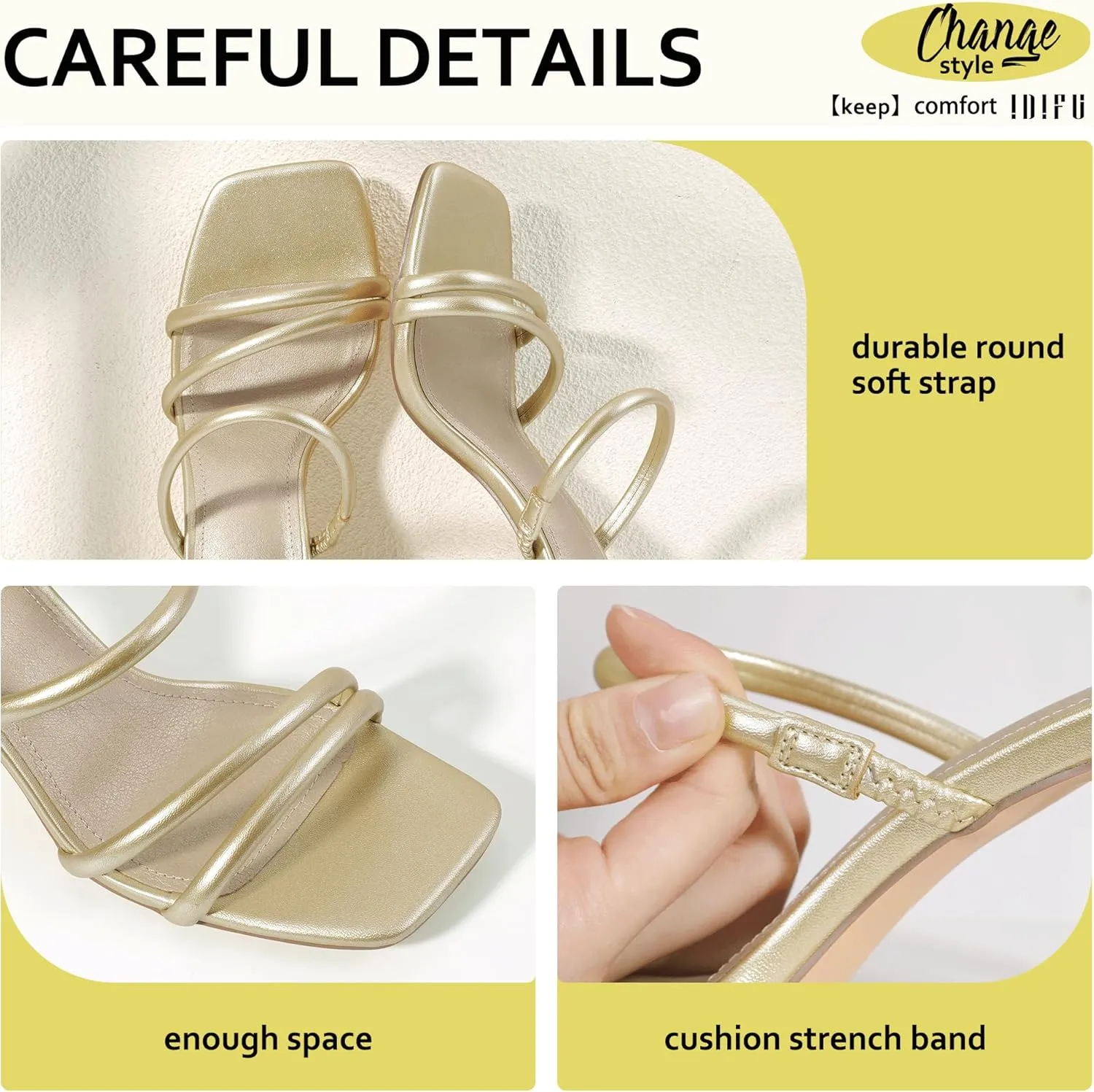 IDIFU IN3 High Heels Strappy Chunky Block Heels Square Toe Three Strap Slip On Heels Comfortable Slides Heeled Sandals Sexy Wedding Party Dress Shoes Open Toe Mules Heels for Women
