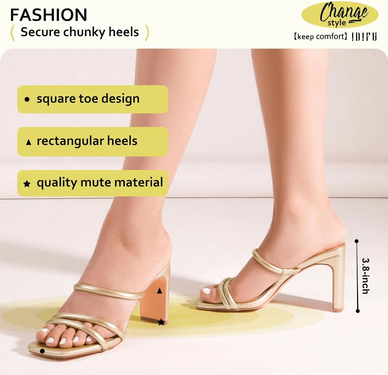 IDIFU IN3 High Heels Strappy Chunky Block Heels Square Toe Three Strap Slip On Heels Comfortable Slides Heeled Sandals Sexy Wedding Party Dress Shoes Open Toe Mules Heels for Women
