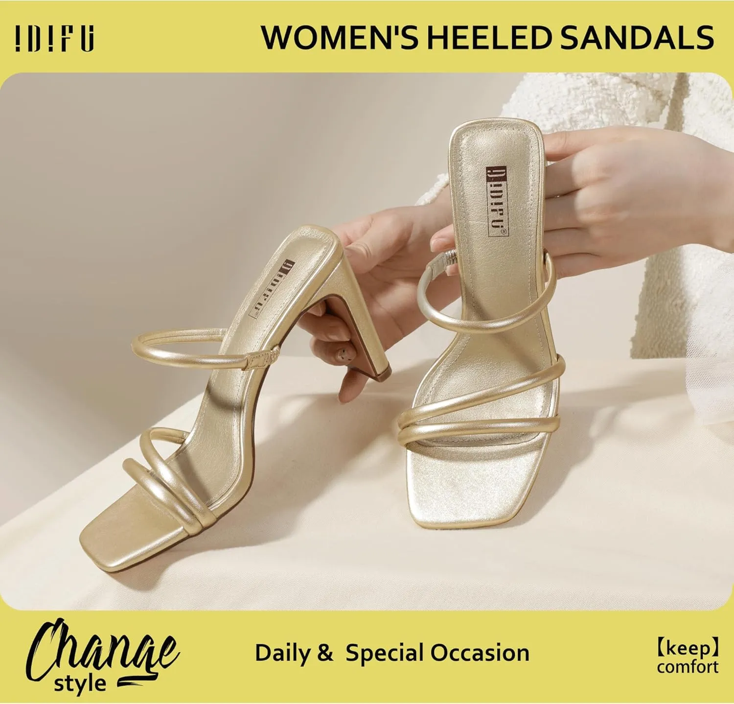 IDIFU IN3 High Heels Strappy Chunky Block Heels Square Toe Three Strap Slip On Heels Comfortable Slides Heeled Sandals Sexy Wedding Party Dress Shoes Open Toe Mules Heels for Women