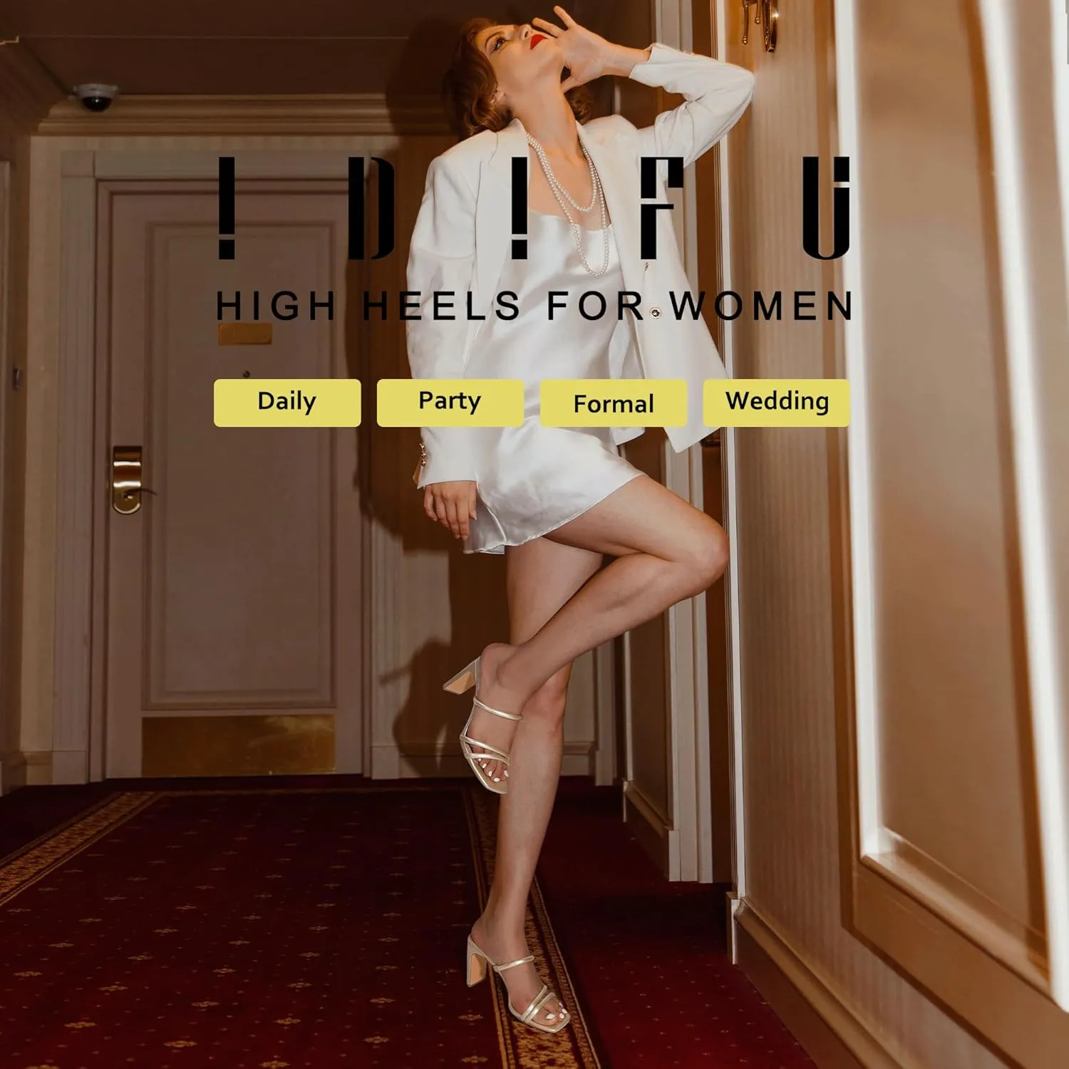 IDIFU IN3 High Heels Strappy Chunky Block Heels Square Toe Three Strap Slip On Heels Comfortable Slides Heeled Sandals Sexy Wedding Party Dress Shoes Open Toe Mules Heels for Women