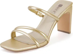 IDIFU IN3 High Heels Strappy Chunky Block Heels Square Toe Three Strap Slip On Heels Comfortable Slides Heeled Sandals Sexy Wedding Party Dress Shoes Open Toe Mules Heels for Women