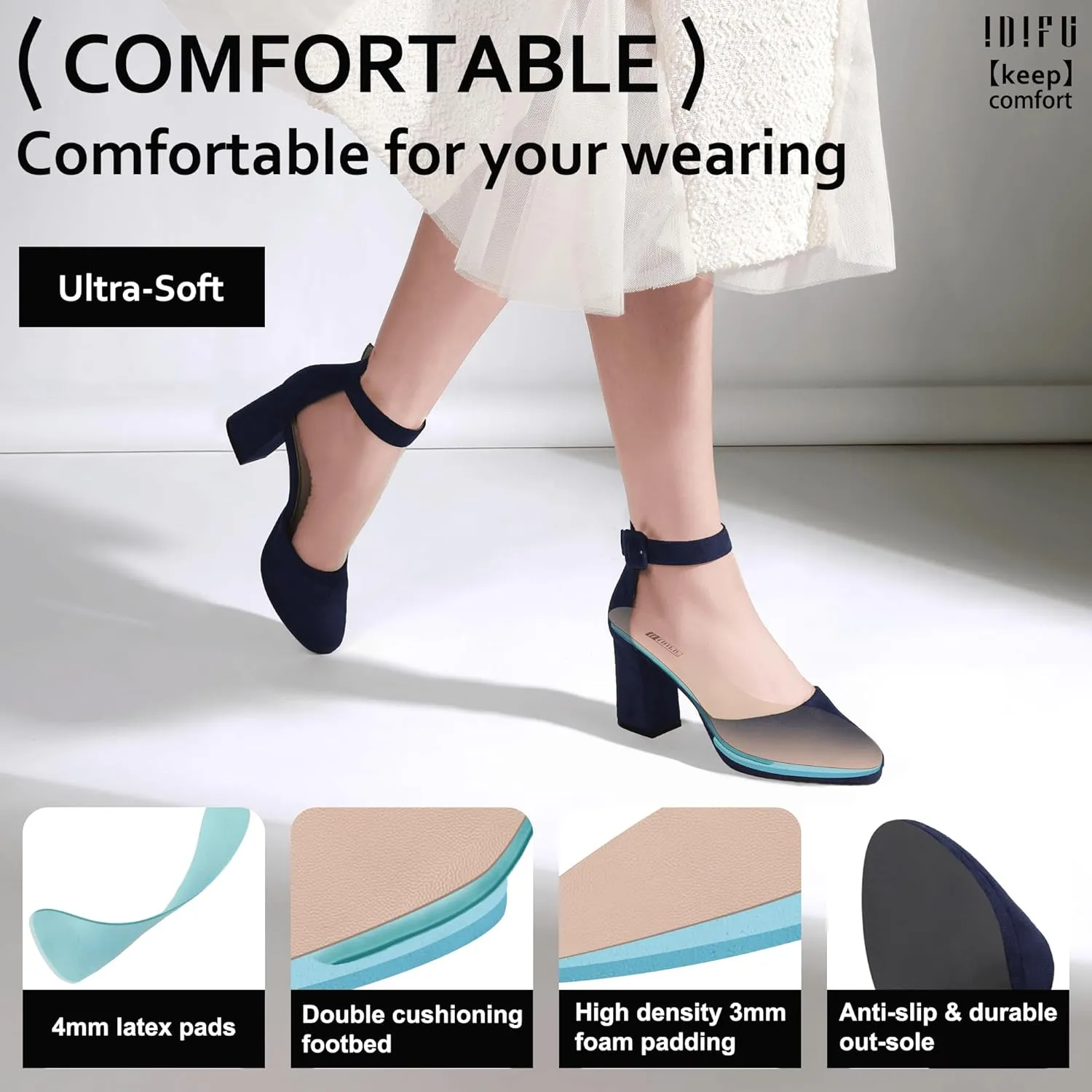 IDIFU IN3 Women's Chunky Block Heels Dress Shoes for Women - Dressy Wedding Bridal Prom Shoes - Pointed Toe Ankle Strap Comfortable Short Thick Heels
