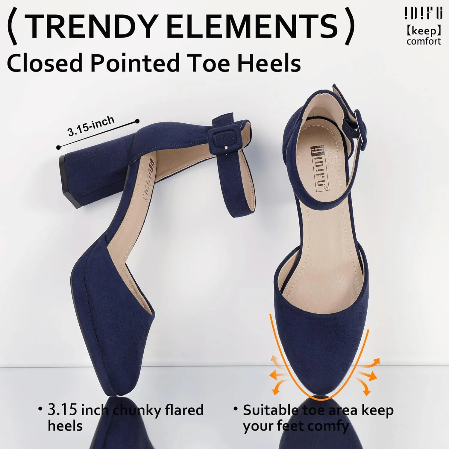 IDIFU IN3 Women's Chunky Block Heels Dress Shoes for Women - Dressy Wedding Bridal Prom Shoes - Pointed Toe Ankle Strap Comfortable Short Thick Heels