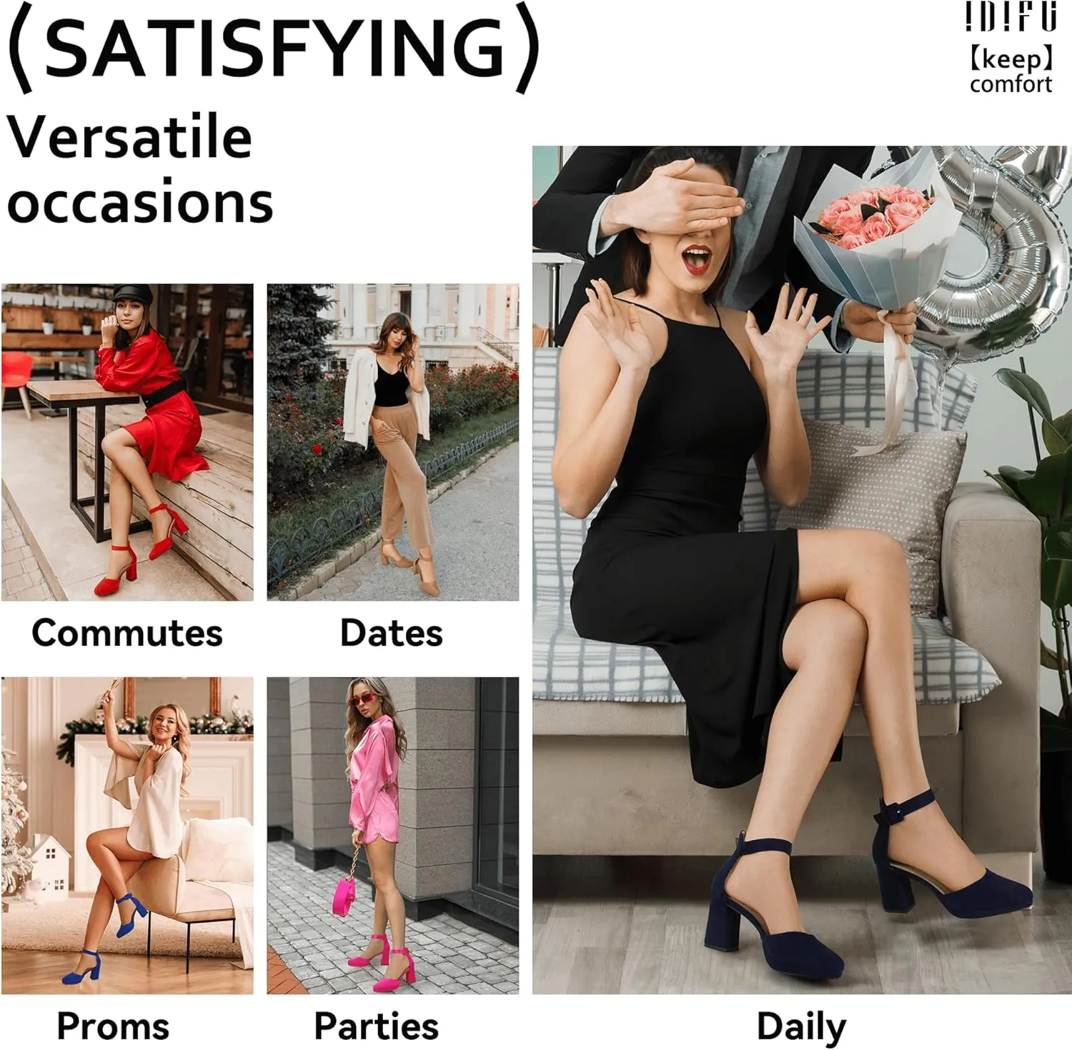 IDIFU IN3 Women's Chunky Block Heels Dress Shoes for Women - Dressy Wedding Bridal Prom Shoes - Pointed Toe Ankle Strap Comfortable Short Thick Heels