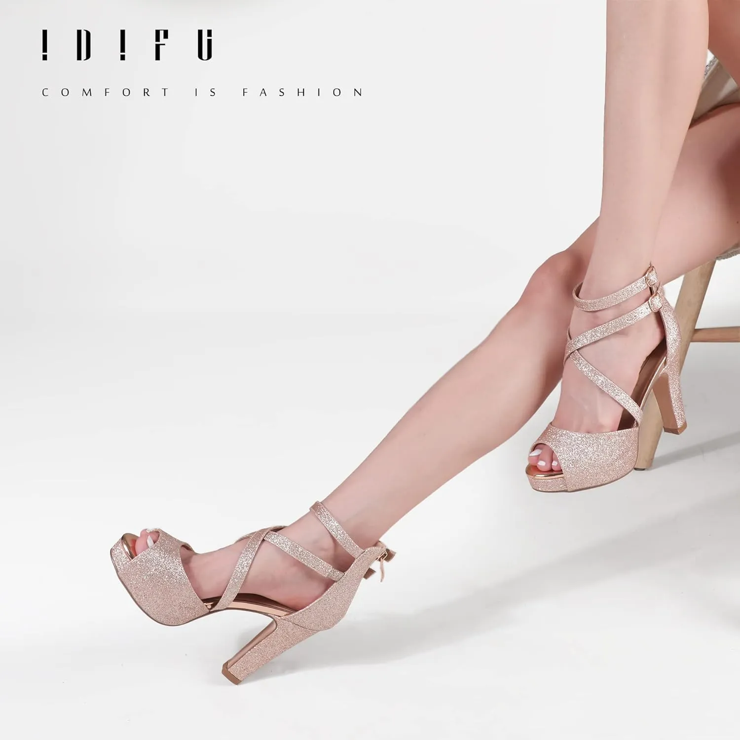 IDIFU Women's IN4 Platform Heels Strappy Chunky Heels For Women Dressy Peep Toe High Heels For Women Bridal Wedding Shoes For Bride On Evening Prom