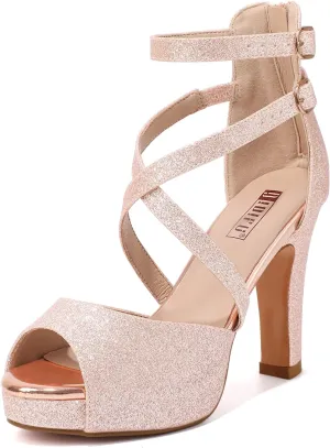 IDIFU Women's IN4 Platform Heels Strappy Chunky Heels For Women Dressy Peep Toe High Heels For Women Bridal Wedding Shoes For Bride On Evening Prom